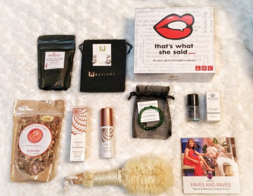 Sugarbash box, faves and raves, subscription box, review, reveal, open box, steve and marjorie harvey, harvey, nail polish, granola, jewelry, earrings, bracelet, face serum, Mahana Crystal Gemstone, That's what she said game, herban collection salted butter body scrub, review,